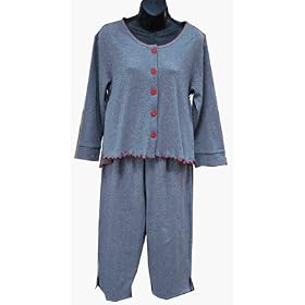 RocketWear Women's Grey Capri Long Sleeve Cotton Knit Button Front Pajamas/Loungewear