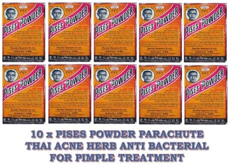 10 X Pises Powder Parachute Thai Acne Herb Anti Bacterial for Pimple Treatment Product of Thailand