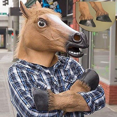 Brown Creepy Horse Latex Head Mask Cosplay Halloween Party Costume Prop + Hooves Glove