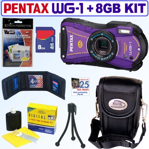 Pentax Optio WG-1 Adventure Series 14 MP Waterproof Digital Camera (Purple) + 8GB Accessory Kit