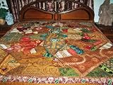 ZARDOZI EMBROIDERED BEADS SARI TAPESTRY BEDSPREAD COVERLET THROW WALL HANGING