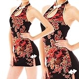 和柄ミニ丈ホルターチャイナドレスワンピ黒x赤ラメ入/vc88