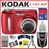 Kodak EasyShare C142 10MP Digital Camera with 3x Optical Zoom and 2.5 Inch LCD in Red + 4GB Deluxe Accessory Kit