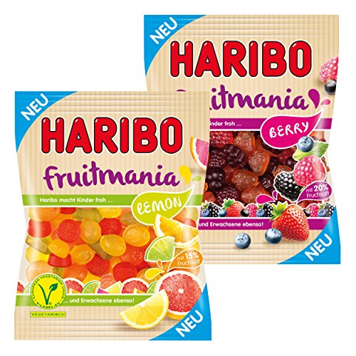 Haribo Fruitmania 2er Set, Lemon, Beryy, mit 20 % Fruchtsaft, Gummibärchen, Weingummi, Fruchtgummi, im Beutel