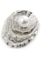 Layered Crystal 'Shell' with Pearl Brooch In Silver Tone Metal - 45mm L