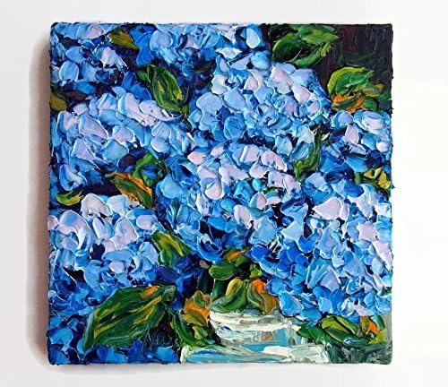 Blue Hydrangea Original Oil Painting Abstract Flower Floral Small Art Impasto Palette Knife Painting Canvas 8x8