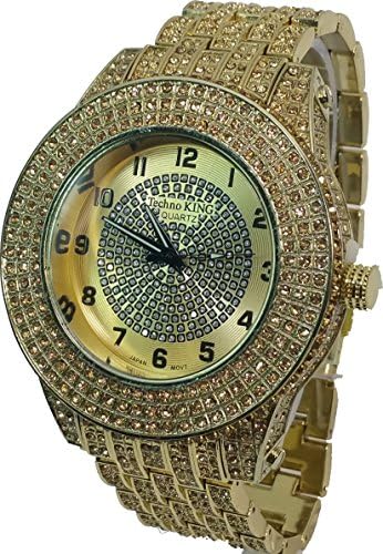 Techno King Elite Gold Finish 650+ Lab Diamond Stud Watch Metal Band Urban Hip Hop Bling