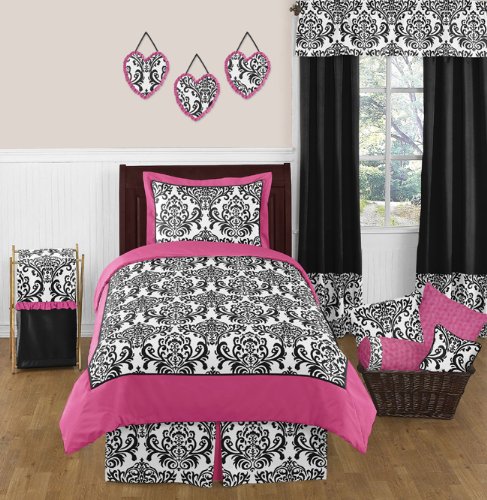 Hot Pink, Black and White Isabella Childrens and Teen Bedding 4 Piece Girls Twin Set