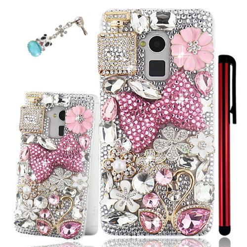 Ancerson New Eye-catching Handmade Bling Crystal Diamond Rhinestone Clear Transparent Back Hard Protective Case for HTC ONE Max T6 with Red Stylus Pen and Lovely Blue Panda (Pink Bowknot Golden Bottle Pink Two Swans Pink Golden Silvery Pearls Flower)