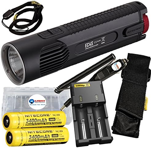 Bundle: NiteCore EC4S Die-Cast 2150 Lumen CREE XHP50 LED Flashlight with 2x NiteCore 18650 3400mAh Batteries, i2 IntelliCharger, DC Car Adapter, and LightJunction Battery Case