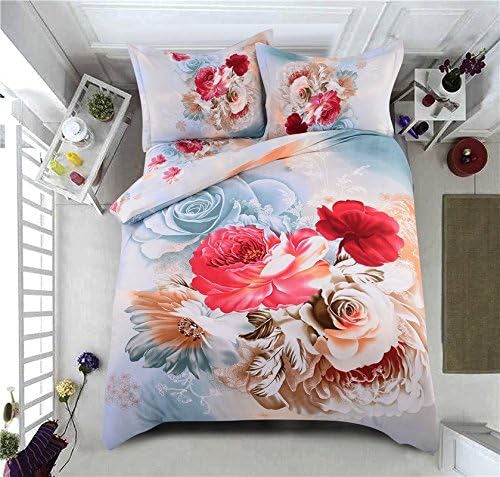 Cotton Blend Lightweight Duvet Cover Sets, Peony pattern Design, 1 duvet cover 2 pillow shams (Full/Queen)