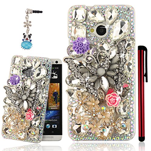 Ancerson 3D Handmade Luxury Shining Glitter Crystal Diamond Rhinestones Hard Back Case Cover fit for HTC One M7 (Model 2013) Free with a Red Stylus Touchscreen Pen, a 3.5mm Universal Crystal Diamond Rhinestones Bling Lovely Silvery Flower Blue Panda Pendant Dust Plug and a Cleaning Cloth(Transparent Clear Case) (Black Crystal Diamond Butterfly Purple Daisy Flower Pink Rose Golden Crystal Diamond Flower)