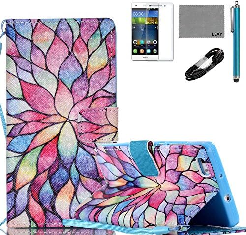 Huawei P8 LITE Case, LEXY PU Leather Case with Credit ID Cards Holders & Stand for Huawei P8 LITE with 9H Glass Screen Protector, V8 USB Cable and Stylus (Colorful Flower)