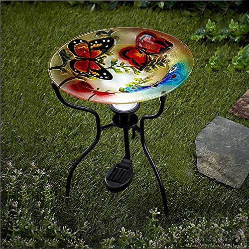 Glitzhome 12" Solar Lighted Outdoor Artglass Butterfly Design Garden