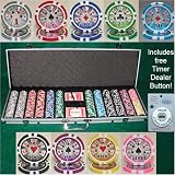 600 Casino Grade Hi Roller 14 gram Poker Chips w/ Free Timer Dealer Button. Premium Composite Clay Poker Chips, Includes Aluminum Case.
