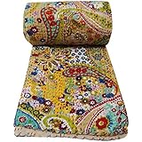 Rajasthali Indian Cotton Bedspread King Size Floral Print Kantha Stitch, 90 X 108 Inches