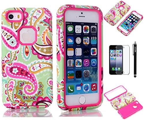 iPhone 5S Case, MISTOT(TM)Fashion Hot Sale Elegant Colorful Paisley Flower Pattern Hybrid Three Layers Combo Hard Soft High Impact Hard Back Case Protective Cover Fit For Apple iPhone 5 5S 5G(Rose Red)