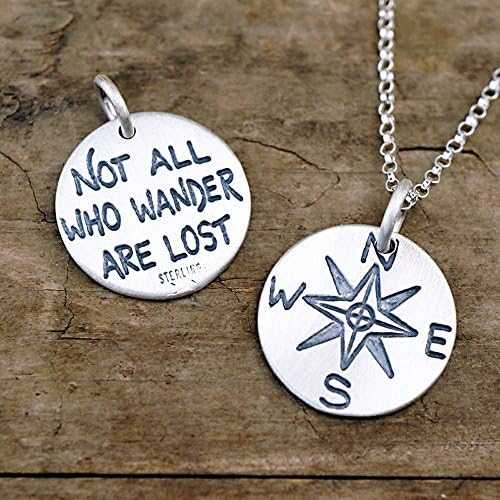 Compass Necklace - Not All Who Wander Are Lost - Tolkien Quote Jewelry Sterling Silver