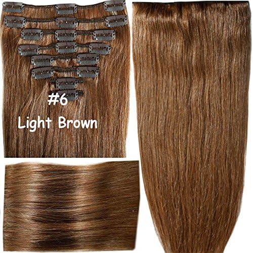 100-120g 8pcs Clip in 100% Remy Human Hair Extensions Full Head 10"13"16"18"20"22"24" #6 Light Brown (24",120g)