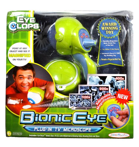 Jakks Pacific Year 2008 EyeClops Series Plug-In TV Microscope - BIONIC EYE with Multi-Zoom Adjustable Magnification (100x, 200x and 400x) Plus I.R.I.S Lens Attachment, Viewing Tube, Viewing Dish, Base and Bonus Pirate Treasure Map