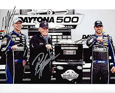 3X AUTOGRAPHED 2013 Jimmie Johnson / Rick Hendrick / Chad Knaus #48 DAYTONA 500 WIN (Team Victory Lane) NASCAR 8X10 Glossy Photo with COA
