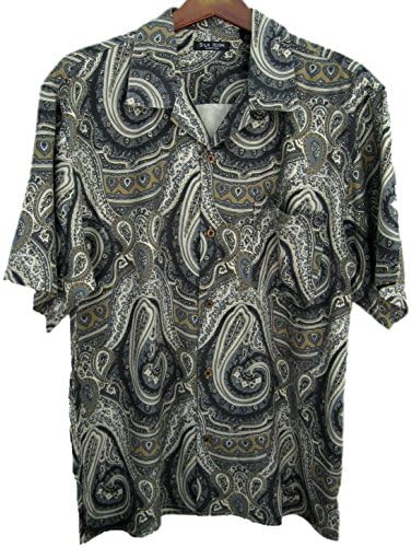 Mens Silk Blend Camp Shirt Gray Paisley 50s Casual (XL)