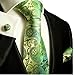 Paul Malone Necktie, Pocket Square and Cufflinks 100% Silk Gold Green Paisley