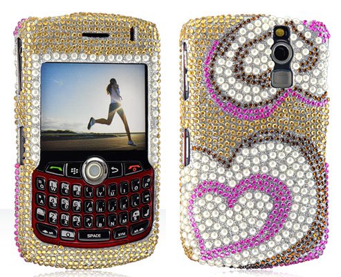 Luxmo Pink White Pearl Heart Full Diamond Rhinestones Bling Design – Snap On Hard Cover Protector Faceplate Case for Blackberry Curve 8300 8310 8320 8330