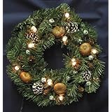 Christmas Pine Wreath with Pinecones, Berrys, Nuts, Snow, and Lights
