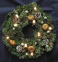 Christmas Pine Wreath with Pinecones, Berrys, Nuts, Snow, & Lights