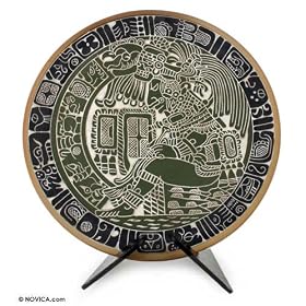 Ceramic plate, 'Green Maya Offering' by NOVICA