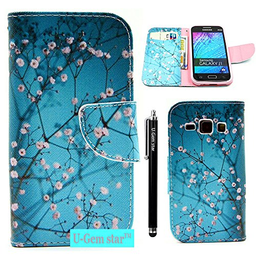 Galaxy J1 Case, Galaxy J1 Wallet Case, U-Gem star Galaxy J1 PU Leather Wallet Stand Magnetic Cover Case for Samsung Galaxy J1,with SIM Card Adapter Kit+Screen Protector+Black Stylus (Cherry Blossom)