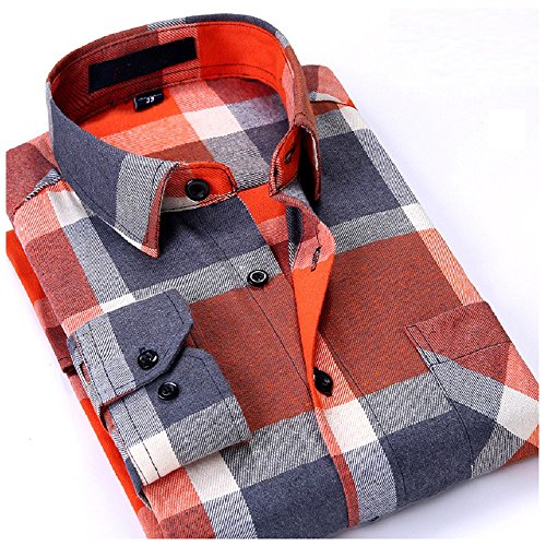 Hanxue Men's Plaid Flannel Long Sleeve Casual Button-Down Shirts