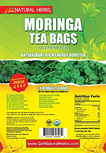 Moringa Tea,Antioxidant-Rich Energy Booster,24 High Potency,100% Pure Tea Bags