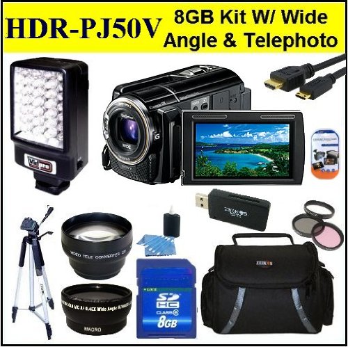 Sony Handycam HDR-PJ50V 220GB 1080p HD Video Camcorder Package W/ 8GB SD Memory + 2X Telephoto Lens + Wide Angle Lens + Video Light + Case + Tripod & Much More!!!