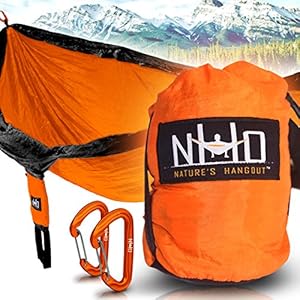 Premium Camping Hammock - Large Double Size, Portable & Lightweight. Aluminum Wiregate Carabiners Included. Ultralight Ripstop Parachute Nylon (Orange/Black)