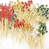 300 pc Assorted Bamboo Picks, 100 each of the following end decorations, ball, flower, Red Cord