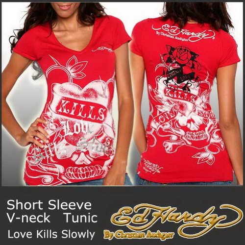 (エド・ハーディー)ED HARDY 半袖Vネックチュニック ラブキル/赤 1080 EHW632