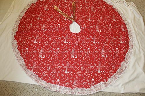 Christmas tree skirt Handmade red white with lace trim 55"