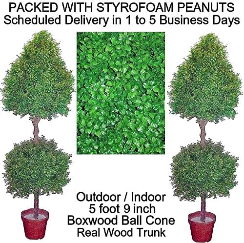 SPJPLANTS Two Artificial Outdoor Indoor Potted 5 foot 9 inch tall x 20 inch wide Boxwood Ball Cone Topiary Trees, real wood trunk with vines, packed with styrofoam peanuts