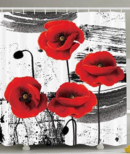Classic Decor Collection, Flowers Chic Floral Picture Art Design, Polyester Fabric Shower Curtain, Black And White Red