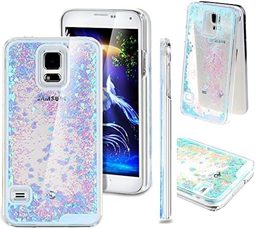 Samsung Galaxy S5 Glitter Case, Dealspank® Sparkle Flowing Glitter Hearts Quicksand Liquid Protective Case Clear Hard Back Case Cover for Samsung Galaxy S5 SV I9600 (Blue)+ A shinning hair bun sent randomly