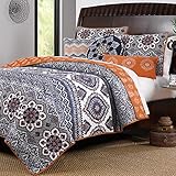 Boho Chic Moroccan Paisley Pattern Grey Orange Cotton 3 Piece King Size Quilt Bedding Set