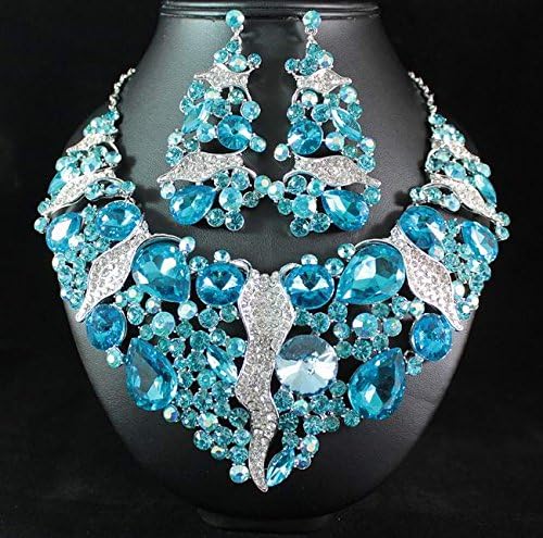 Janefashions Lg Sexy Teal Austrian Rhinestone Bib Necklace Earrings Set Wedding Prom N1655t