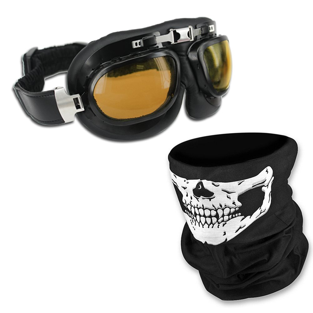 HAMIST Vintage Motorcycle Goggles Smoke & Skull Face Mask Black,Set For