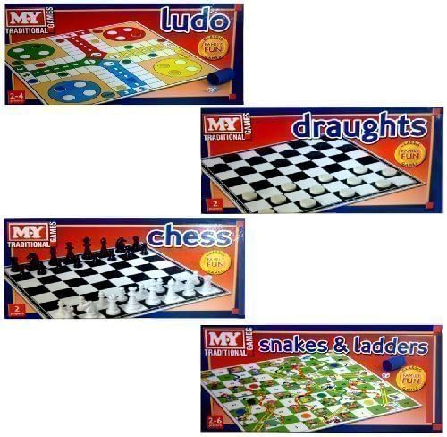 4 Traditional Games: Snakes &amp; Ladders, Draughts, Chess and Ludo by Halsall Toys