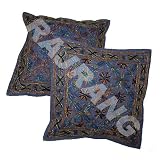 2 Indian Boho Decorative Zari, Embroidery and Mirror Work Cushion Cover Set Throw Pillow Case Size 16x16 Inches by RajRang