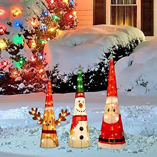 Candy Cane Lane 18 in. Reindeer, 24 in. Snowman, 32 in. Santa Pre-Lit 3D Soft Tinsel Character Cones by Candy Cane Lane
