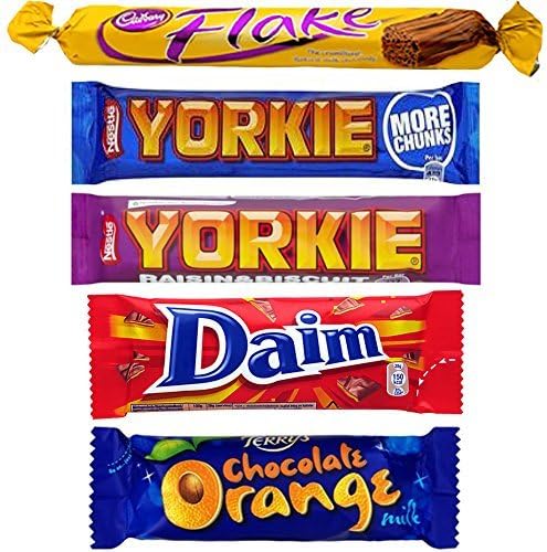 Pack B .. 5 British Chocolate Bars - Flake, Yorkie, Yorkie Raisin Biscuit, Daim Bar &amp; Terry's Orange by Flake