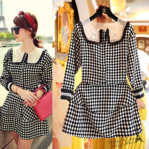 チェック柄ワンピース 格子柄 フリル襟 モノトーン ミニ スリムワンピース 7分丈袖 エレガント パーティー 白黒 クマのぬいぐるみ付き K-665